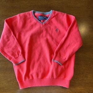 Mayoral sweater size 2, coral with gray around neck and wrists.